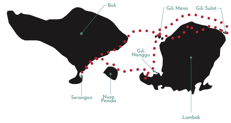 Carte de l'itinéraire de notre croisière Bali Lombok Nusa Penida